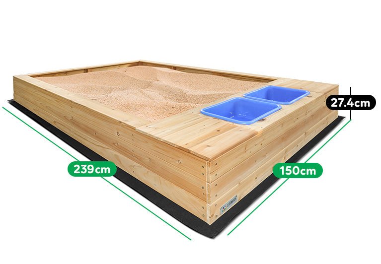 Rectangular sandpit with wooden cover and storage, ideal for outdoor play and storage.