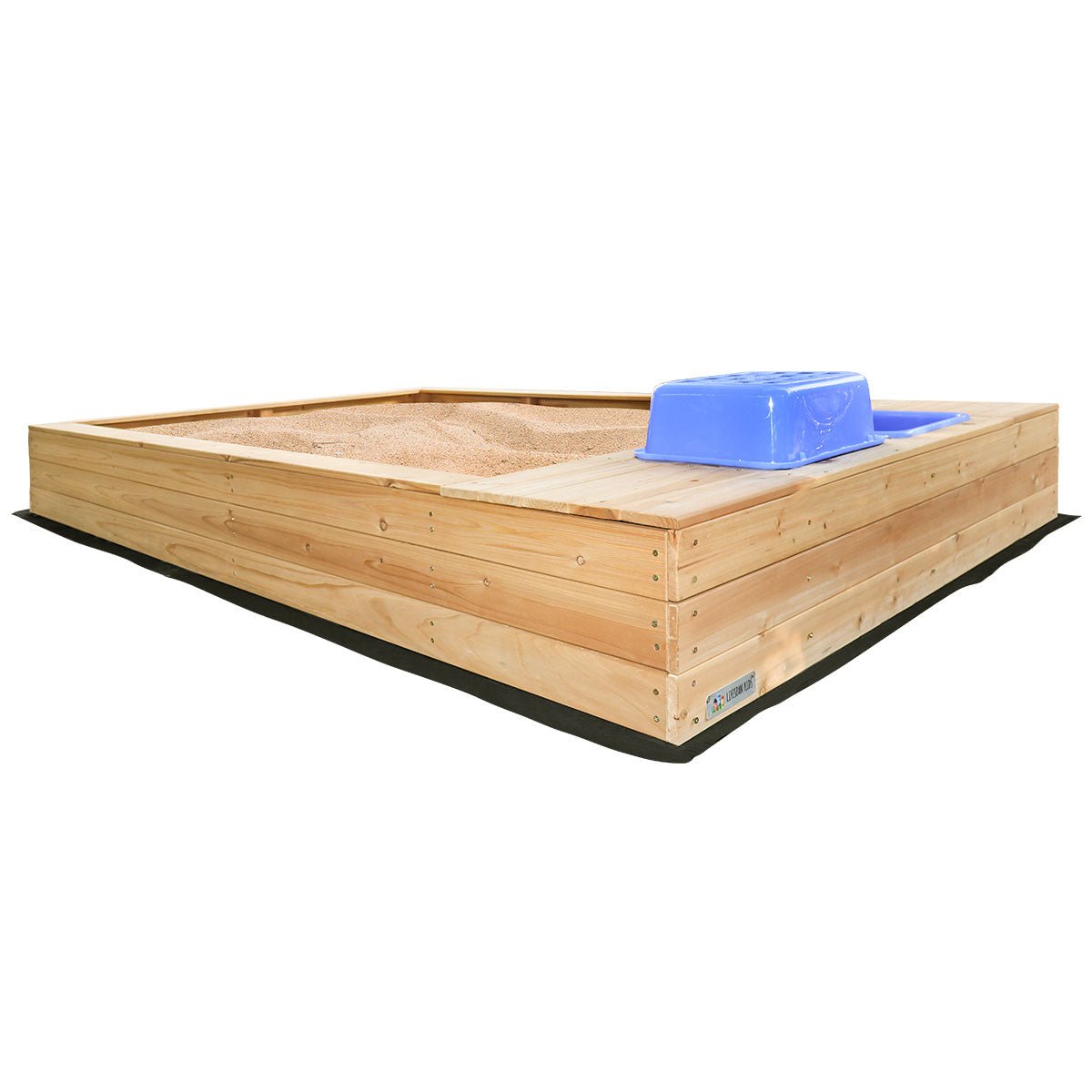 Lifespan Kids sandpit with wooden cover and storage, perfect for outdoor play and storage.