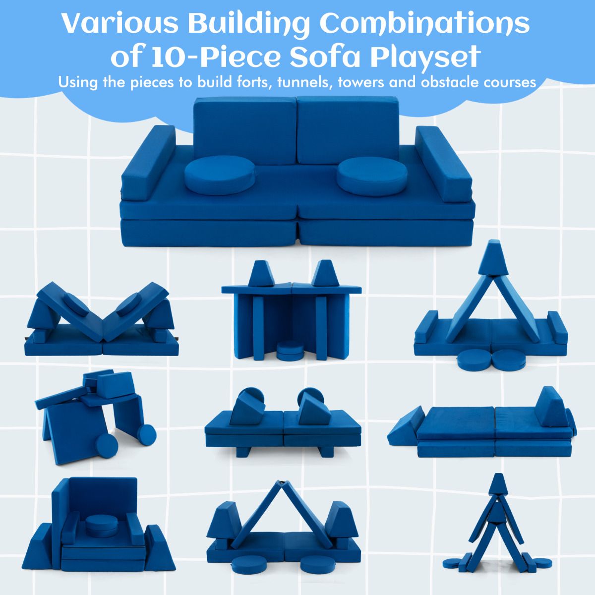 8 Piece Blue Foam Sofa Set | Modular Kids Furniture Handle