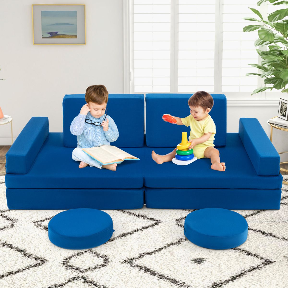 8 Piece Blue Foam Sofa Set | Modular Kids Furniture Handle