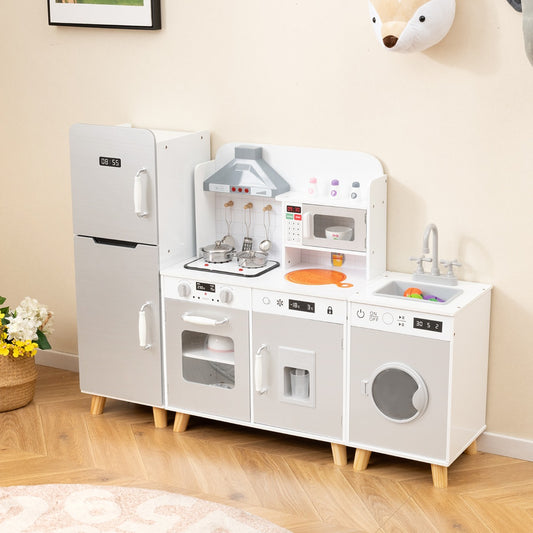 Grey wooden modular kitchen playset for kids featuring interactive lights and sounds for imaginative culinary play.