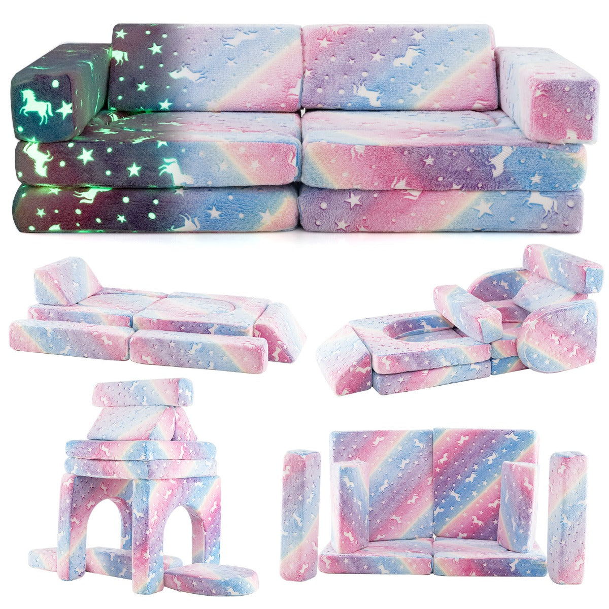 Costway 10 Pieces Modular Toddler Sectional Sofa Glow in the Dark-Colourful