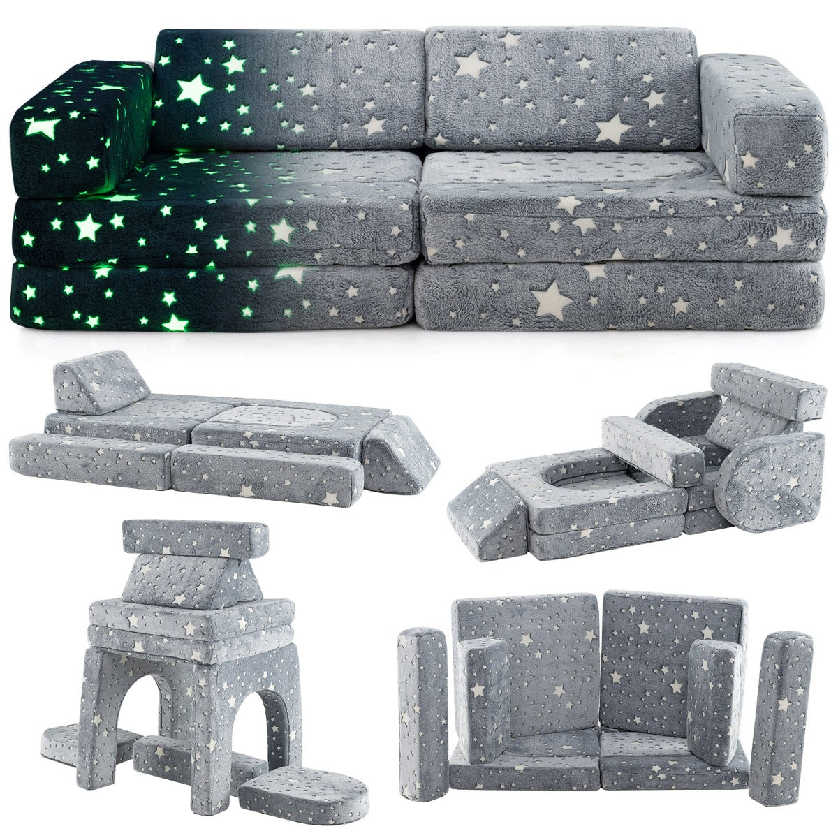 Costway 10 Pieces Modular Toddler Sectional Sofa Glow in the Dark-Grey