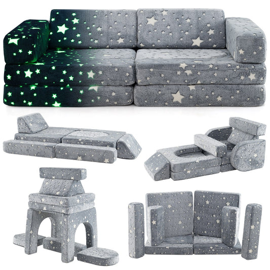 Costway 10 Pieces Modular Toddler Sectional Sofa Glow in the Dark-Grey