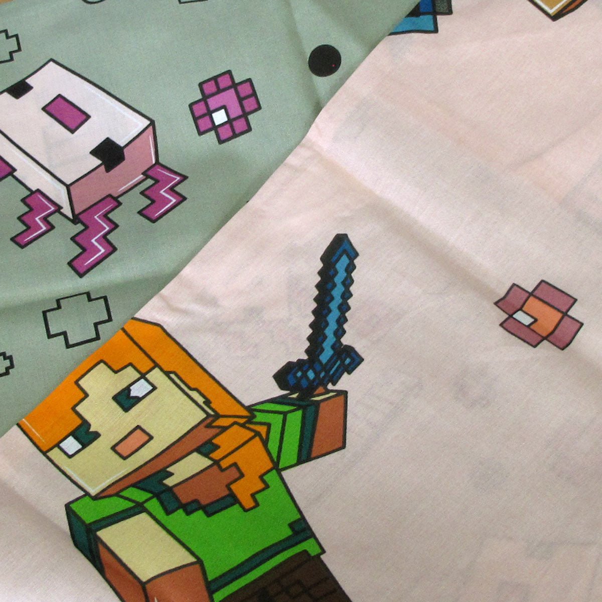 Colorful Minecraft-themed bedding set for kids single bed, reversible cotton fabric design.