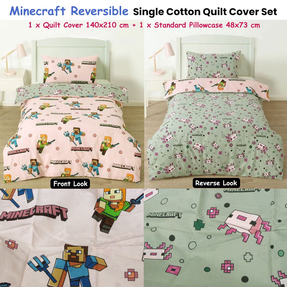 Minecraft-themed reversible bedding set for kids single bed, featuring iconic game graphics.