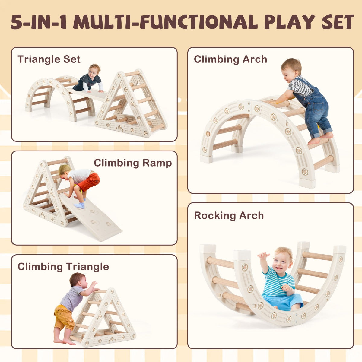 5-in-1 Montessori Climbing Set | Triangle Arch Ladder | Coffee