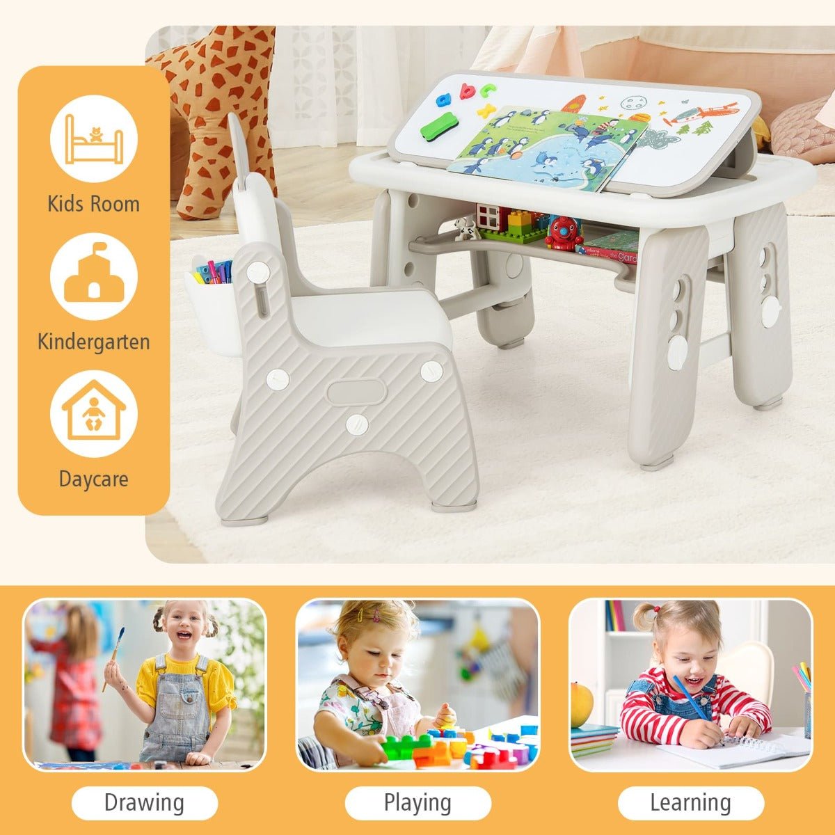 Kids activity table set with flip top and storage for creative play at home.