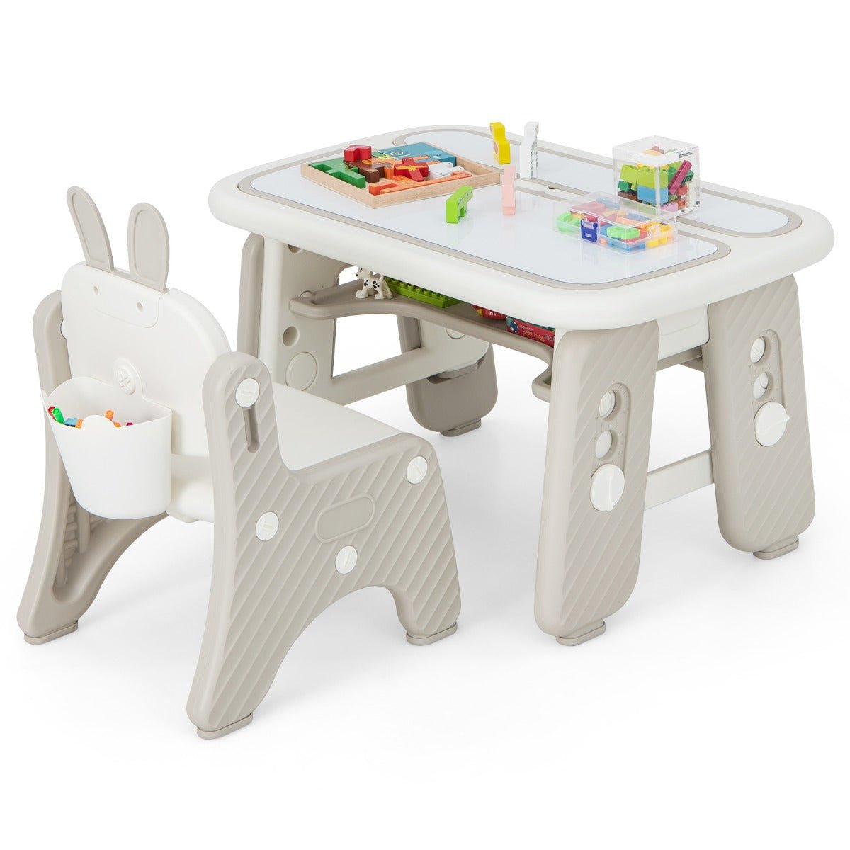 Kids activity table set with flip top and storage for creative play at home.