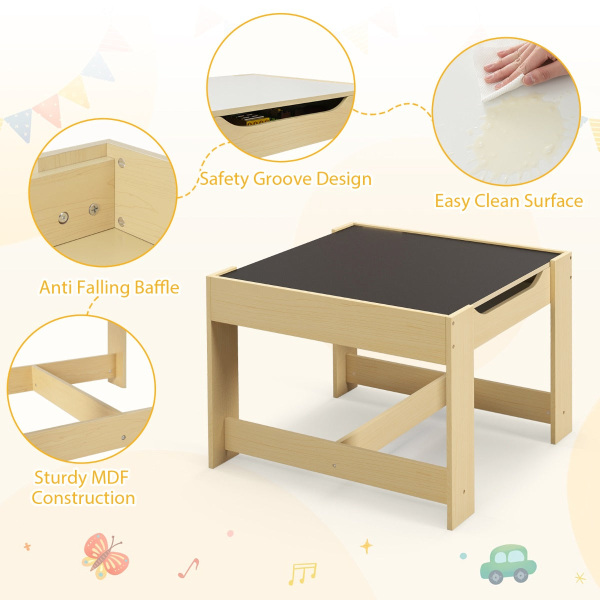 Kids 3-in-1 activity table and chair set with storage for creative play and organization.