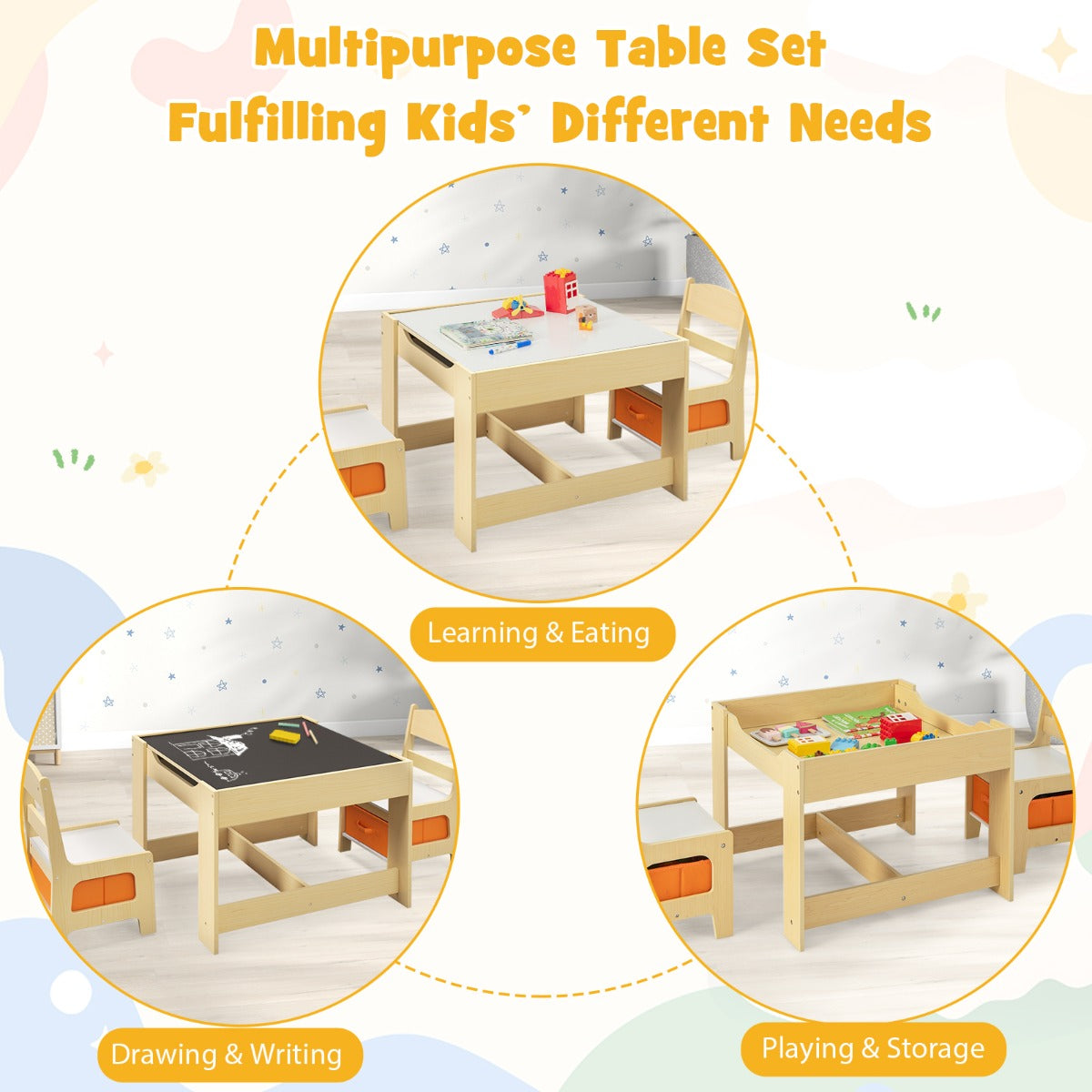 Kids 3-in-1 Activity Table and Chair Set with Storage, perfect for play and organization.