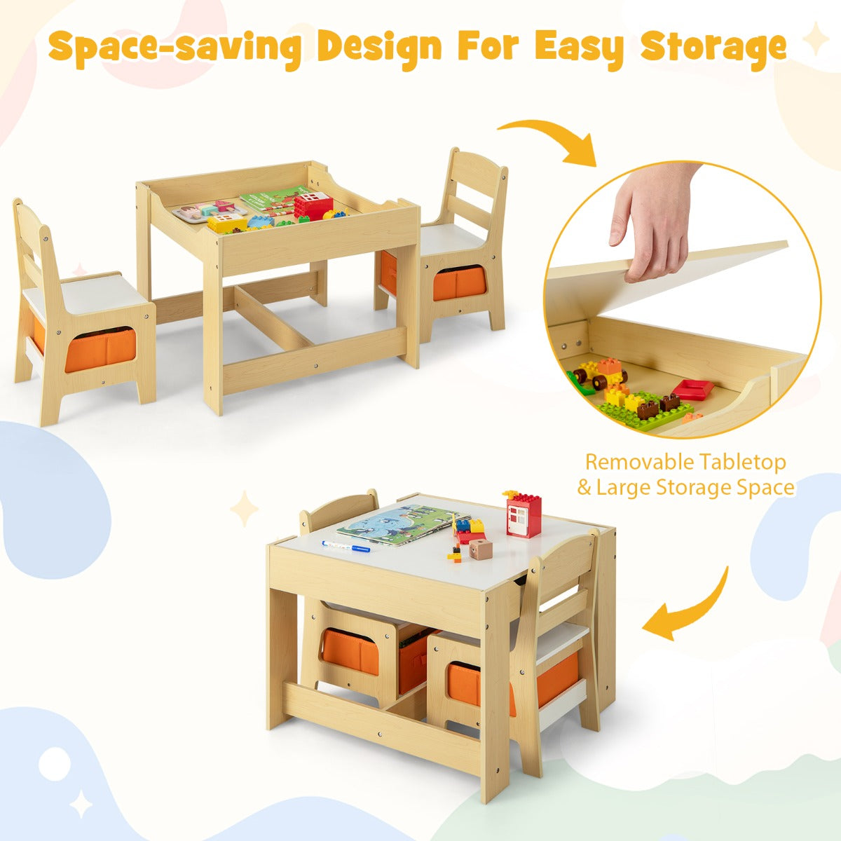 Kids 3-in-1 Activity Table and Chair Set with Storage for creative play at home.