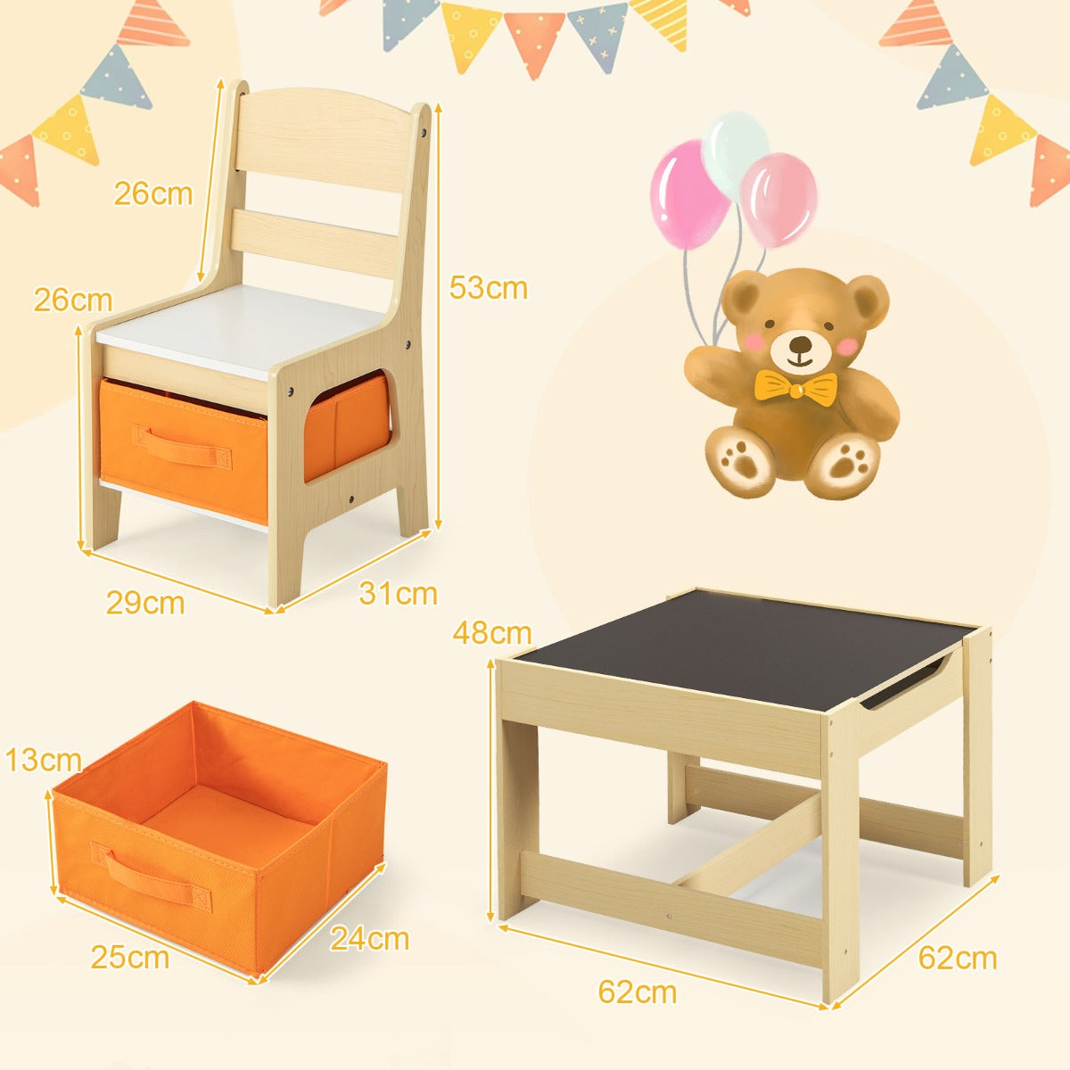 Kids 3-in-1 activity table and chair set with storage for imaginative play at home