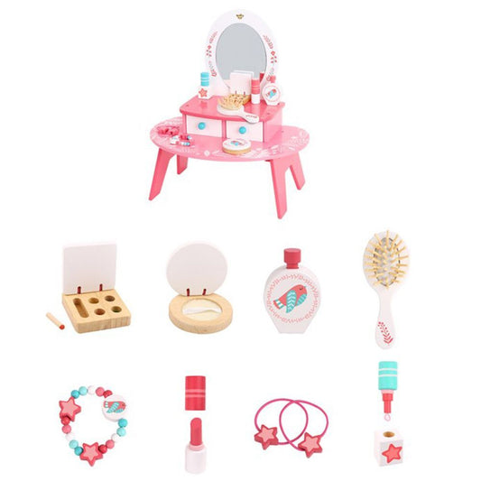 Kids pink dresser vanity with mirror for pretend play and storage organization