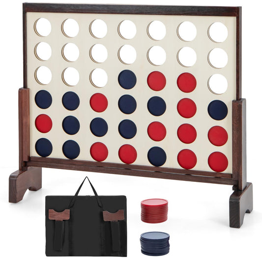 Large wooden Connect 4 game set with portable bag for kids entertainment at home.