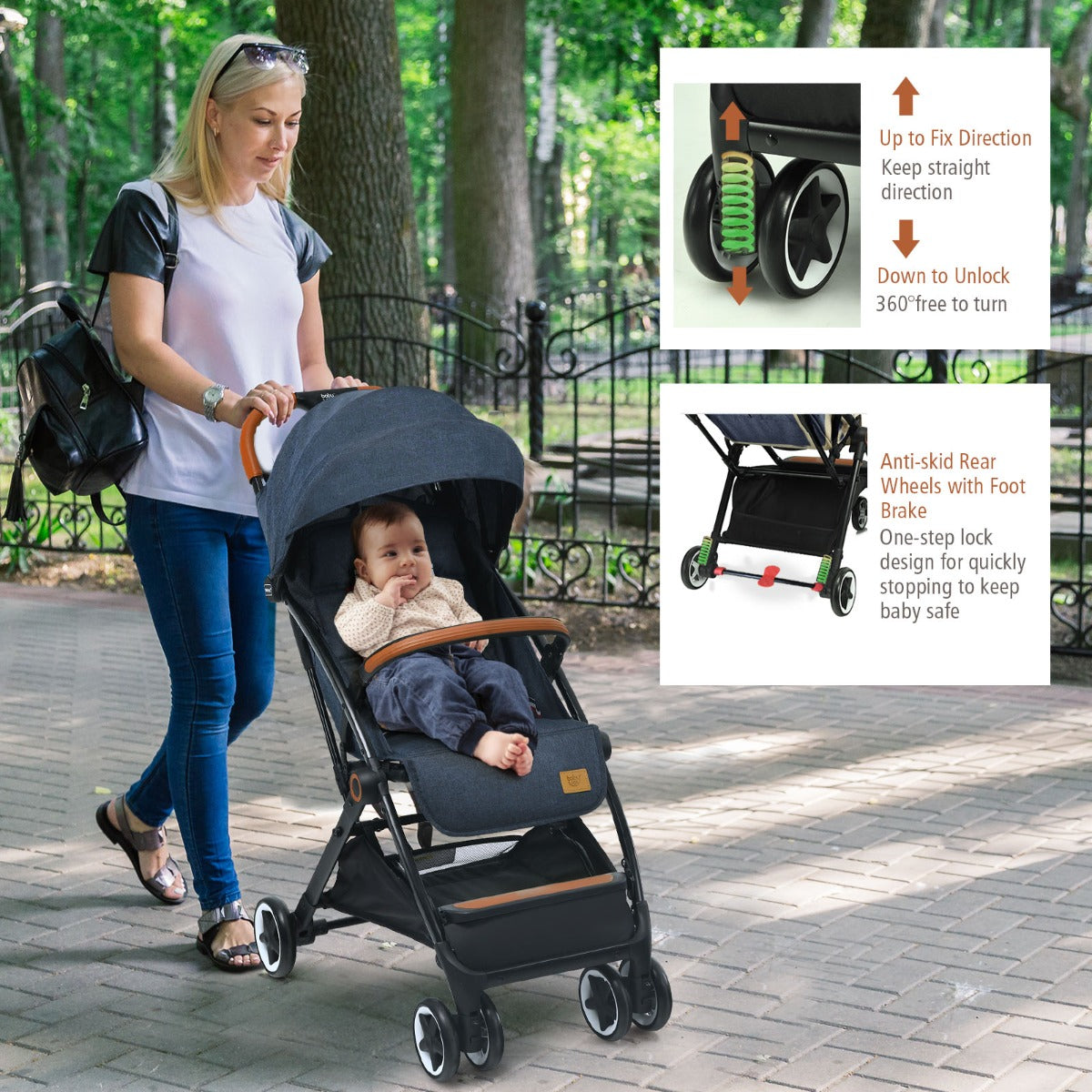 Navy canopy stroller with adjustable backrest offers comfort and protection for babies during outdoor walks