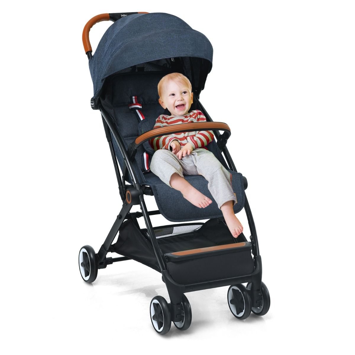 Navy canopy stroller with adjustable backrest provides comfort and protection for babies during outdoor walks
