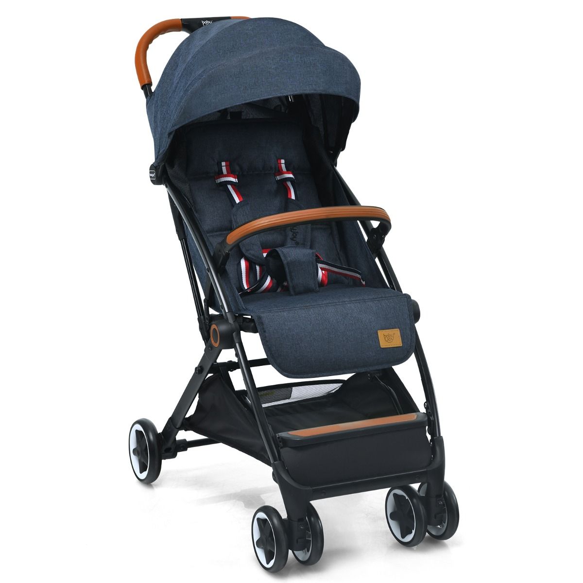 Navy adjustable canopy stroller with reclining backrest offers comfort and protection for babies during outdoor walks