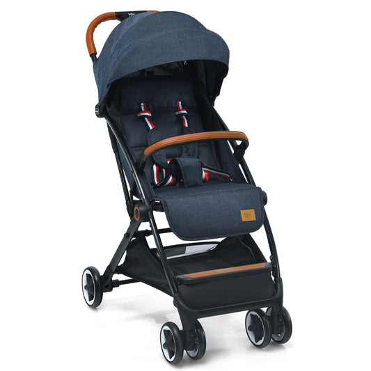 Navy adjustable canopy stroller with reclining backrest offers comfort and protection for babies during outdoor walks