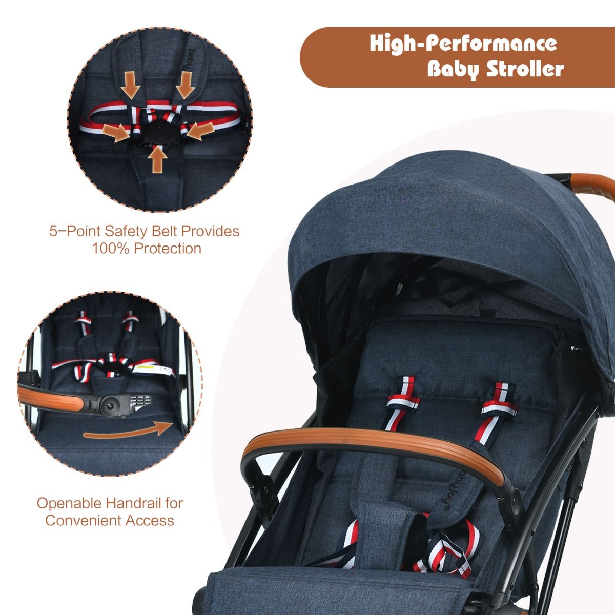 Navy stroller with adjustable canopy and backrest provides comfort and protection for babies during outdoor walks