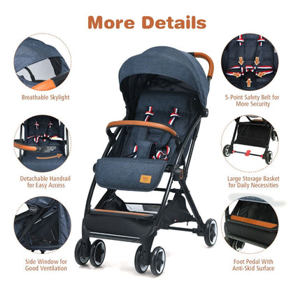 Navy canopy stroller with adjustable backrest offers comfort and protection for babies during outdoor walks