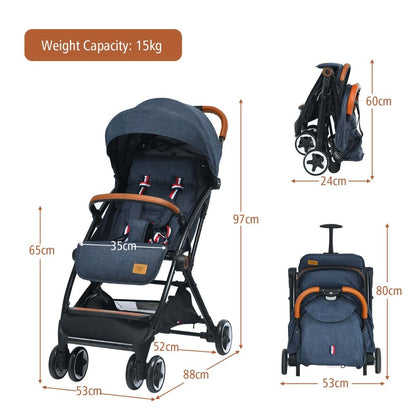 Navy stroller with adjustable canopy and backrest provides comfort and protection for babies on the go