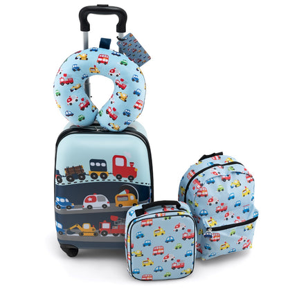 5-Piece Kids Travel Set in blue with luggage, backpack, lunch bag, pillow and tag.