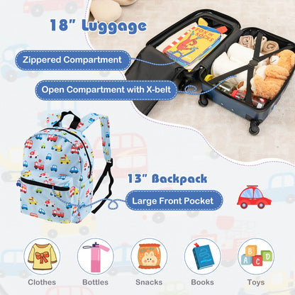 Blue 5-Piece Kids Travel Set with luggage, backpack, lunch bag, pillow and tag for home use