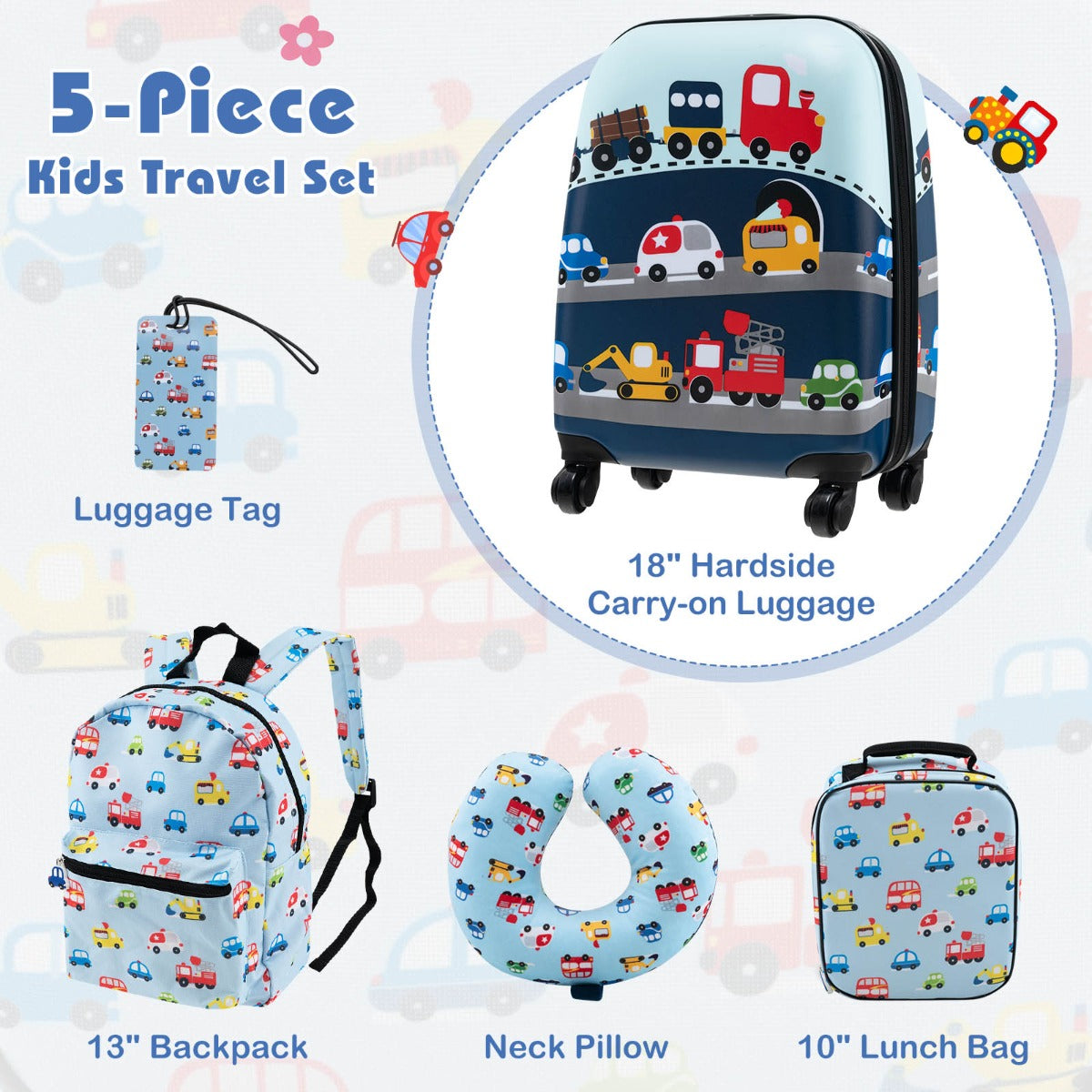 Blue 5-piece kids travel set with luggage, backpack, lunch bag, pillow, tag - fun and practical.