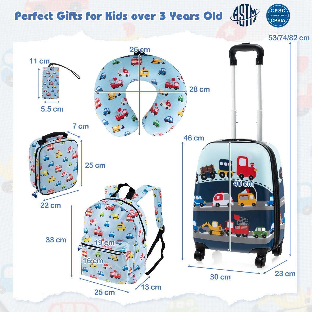 Blue kids travel set | luggage, backpack, lunch bag, pillow and tag for travel comfort.