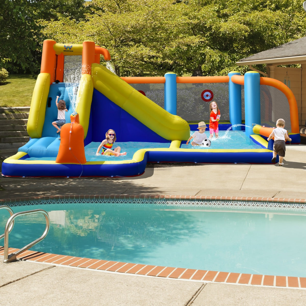 Giant inflatable soccer water slide with pool for kids backyard fun and excitement.