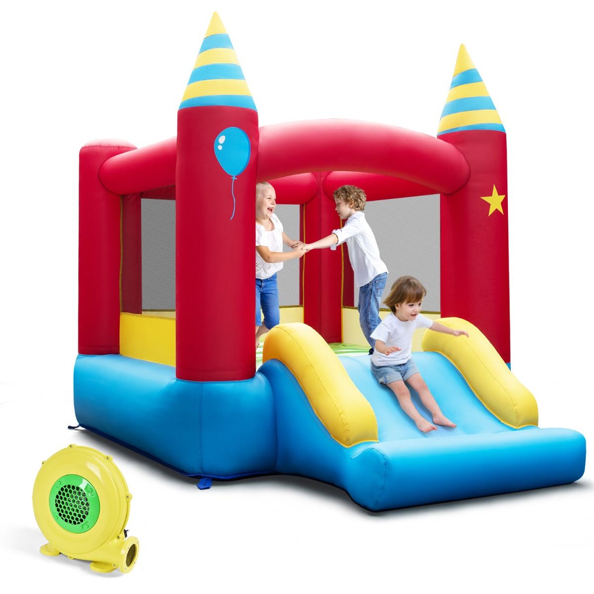 Kids inflatable bounce house & slide set with blower for fun backyard playtime.