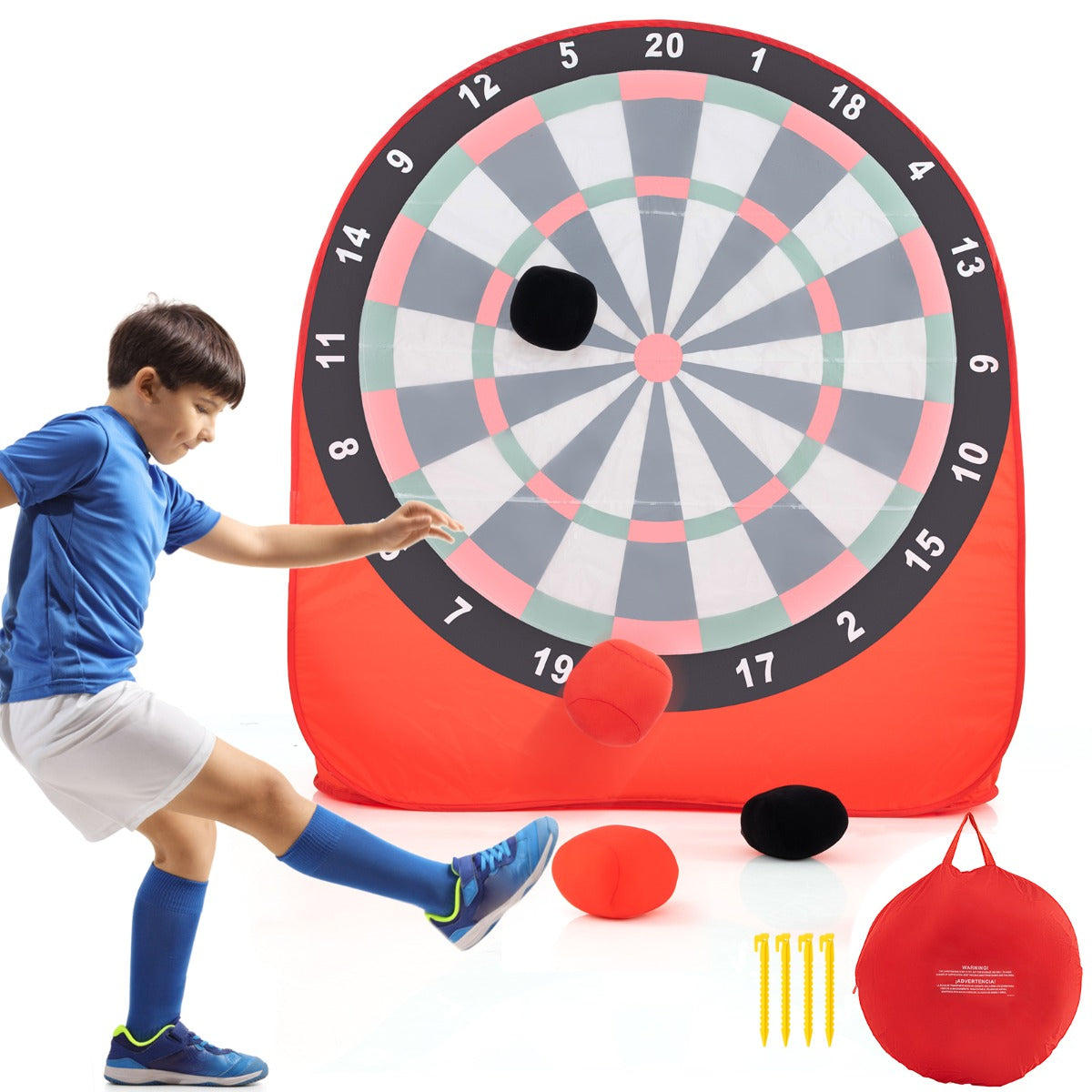 Childrens outdoor dart soccer game set with large board, portable design for home fun.