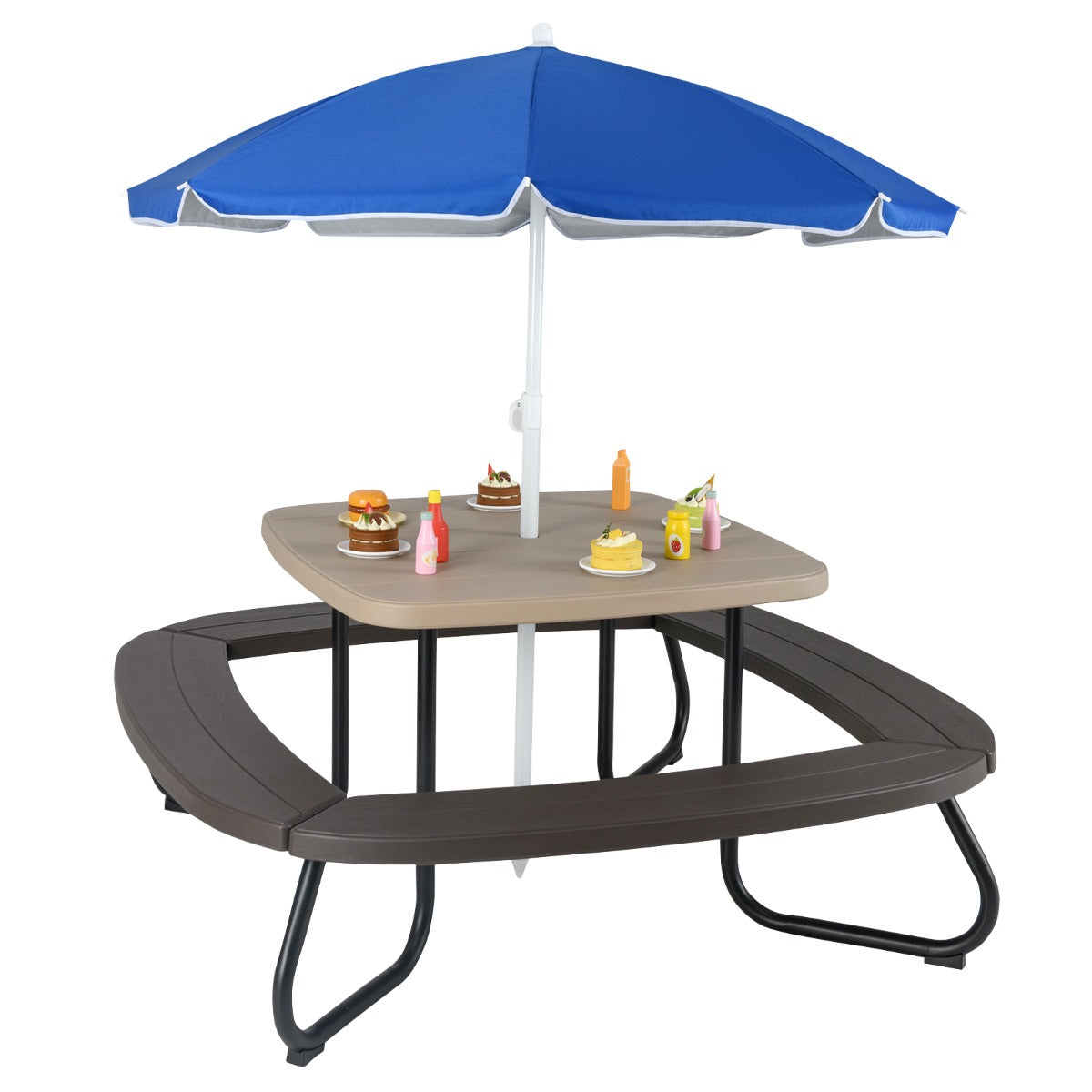 Costway 8 Person Kids Picnic Table with Adjustable & Collapsible Umbrella-Brown