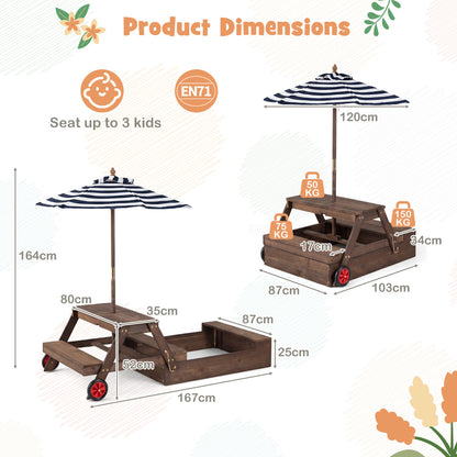 2-in-1 Walnut Wooden Sandbox & Picnic Table With Umbrella
