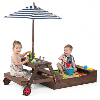 2-in-1 Walnut Wooden Sandbox & Picnic Table With Umbrella