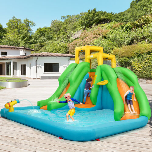 Kids home Inflatable Water Park with 2 slides, splash pool, and climbing wall for fun.