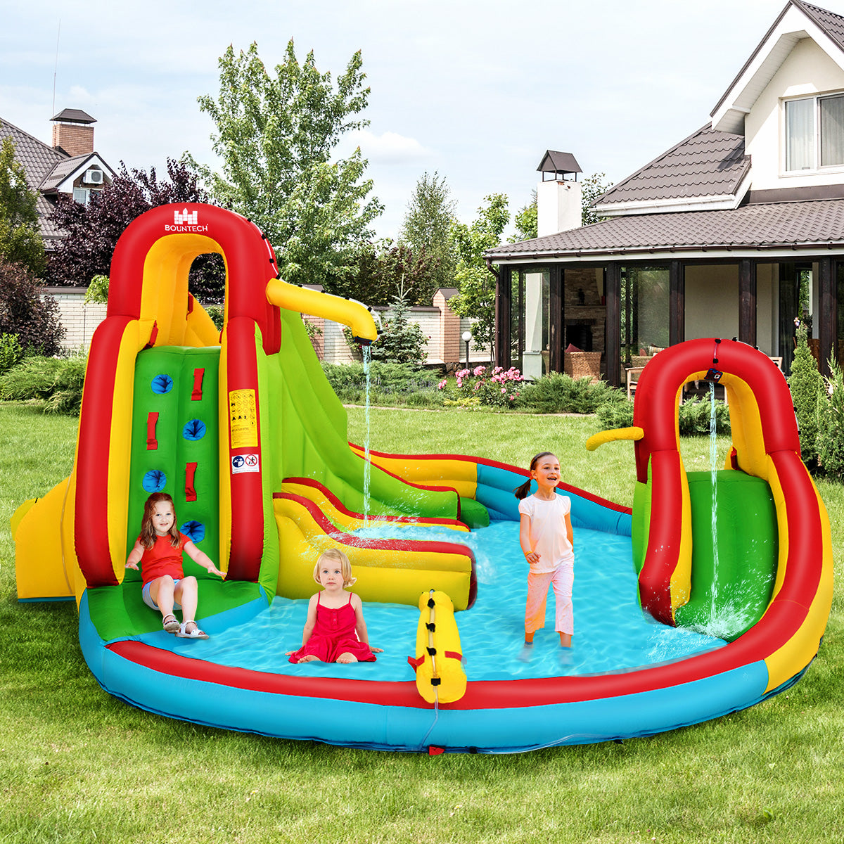 Jumbo Inflatable Water Park with 2 slides, pool, and games for outdoor fun.