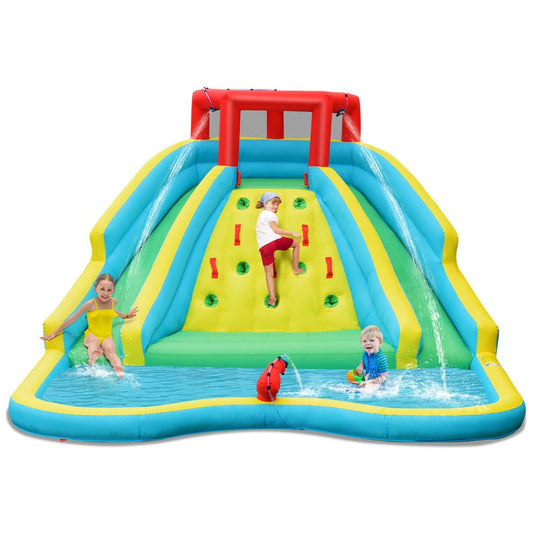 Colorful inflatable water bouncer with dual slides and splash pool for outdoor summer fun.