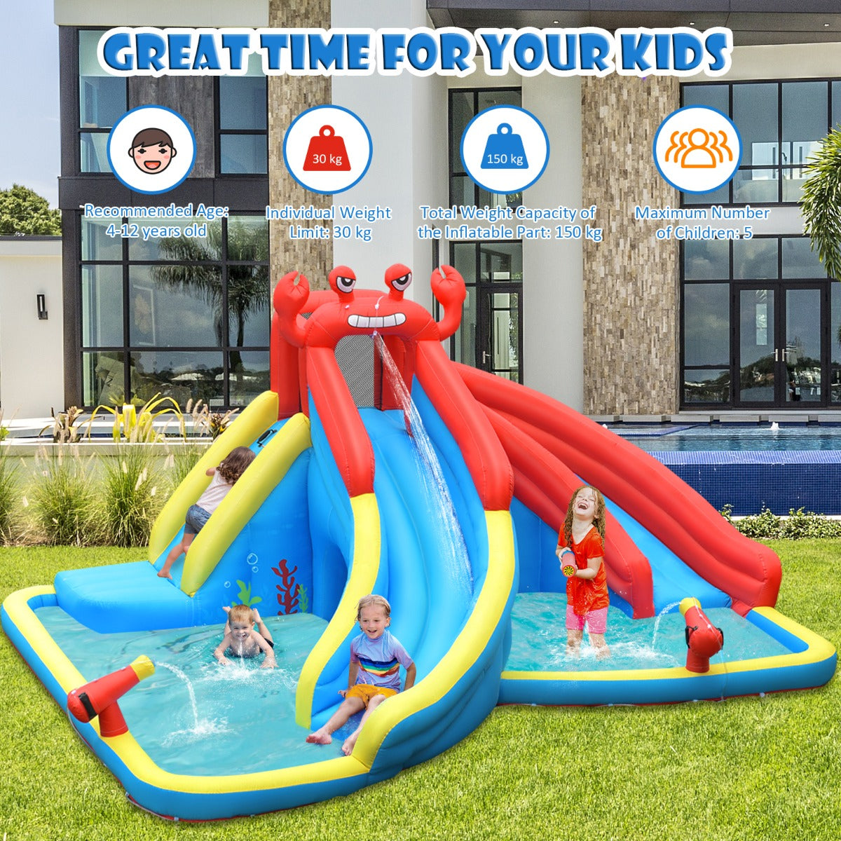 Colorful Crab Inflatable Water Slide | Climbing Wall & Splash Pool