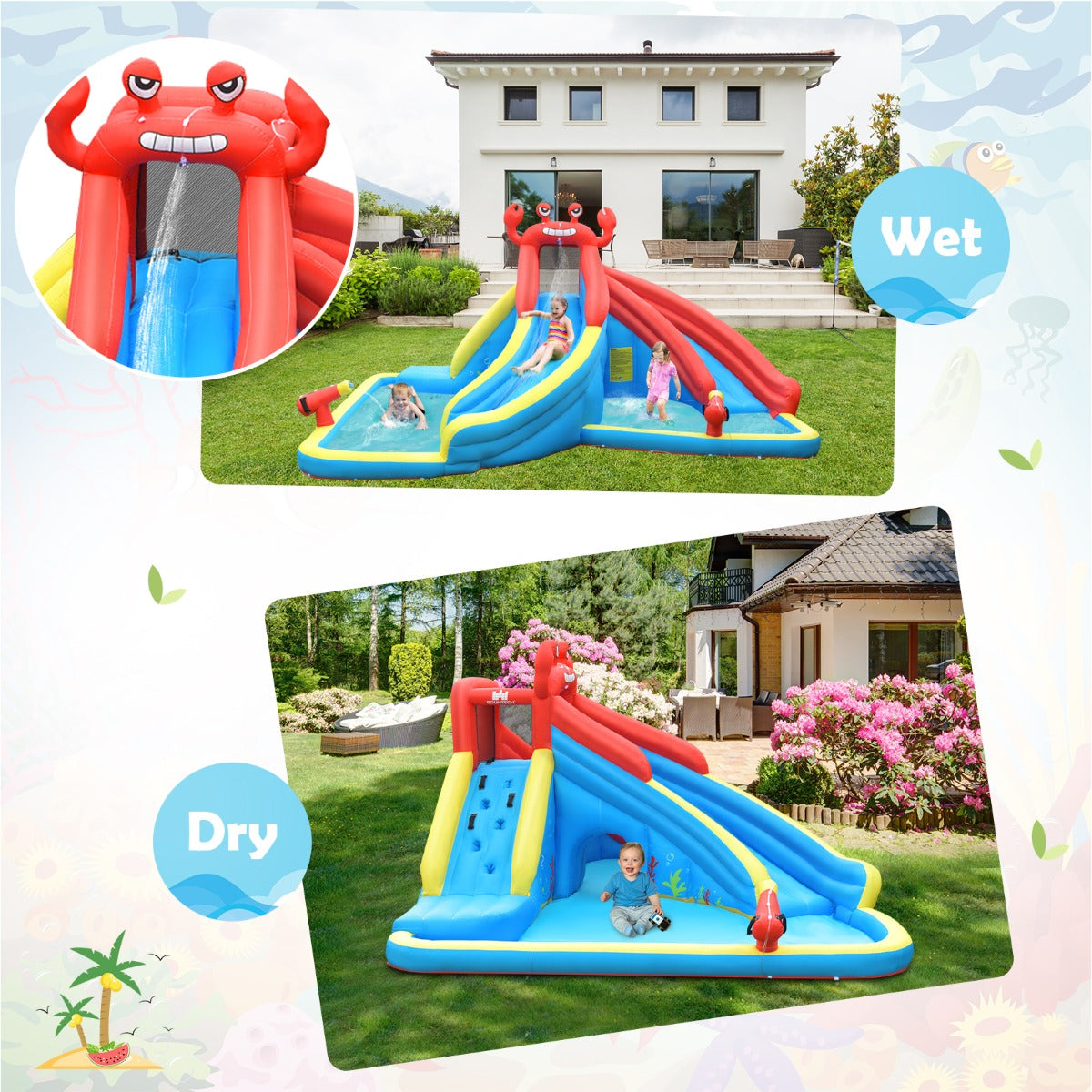 Colorful Crab Inflatable Water Slide | Climbing Wall & Splash Pool
