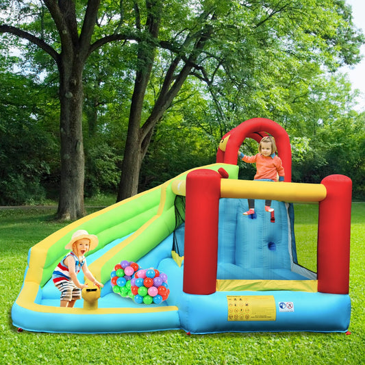 Colorful inflatable water slide and bounce house with pool and water gun for kids.