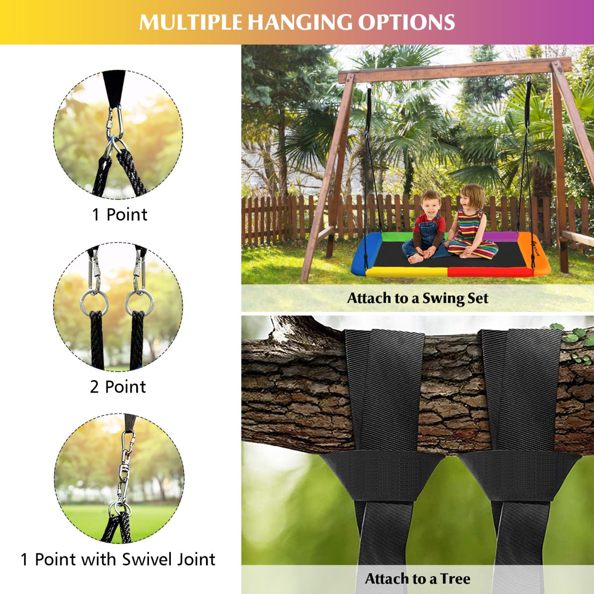 Kids Tree Swing Set | Adjustable Ropes in Green Navy Blue & Colorful