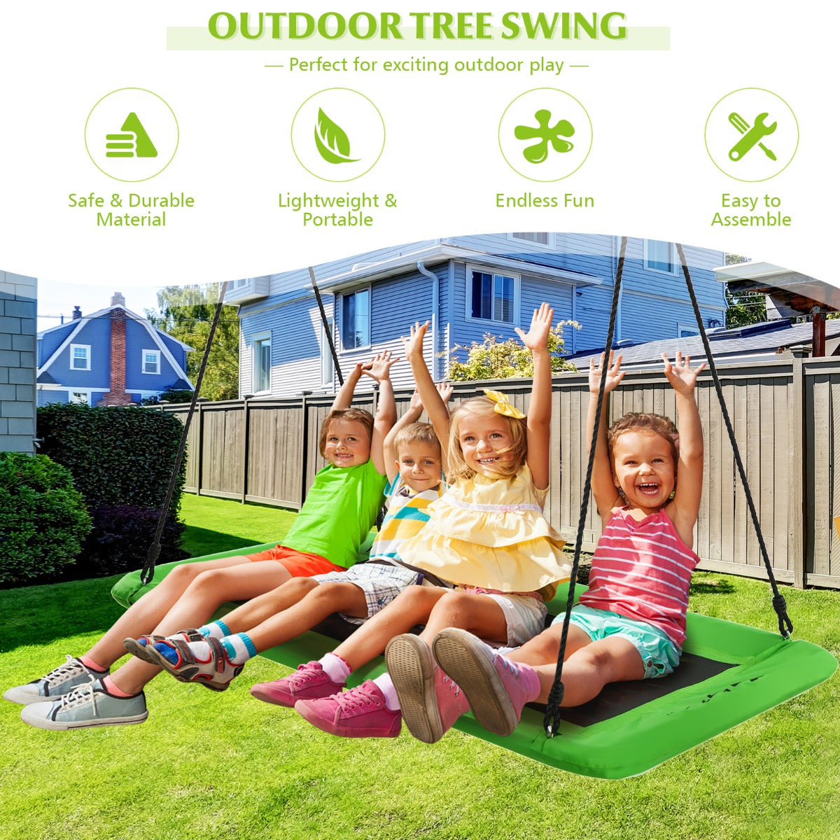 Kids Tree Swing Set | Adjustable Ropes Green Navy Blue Colorful