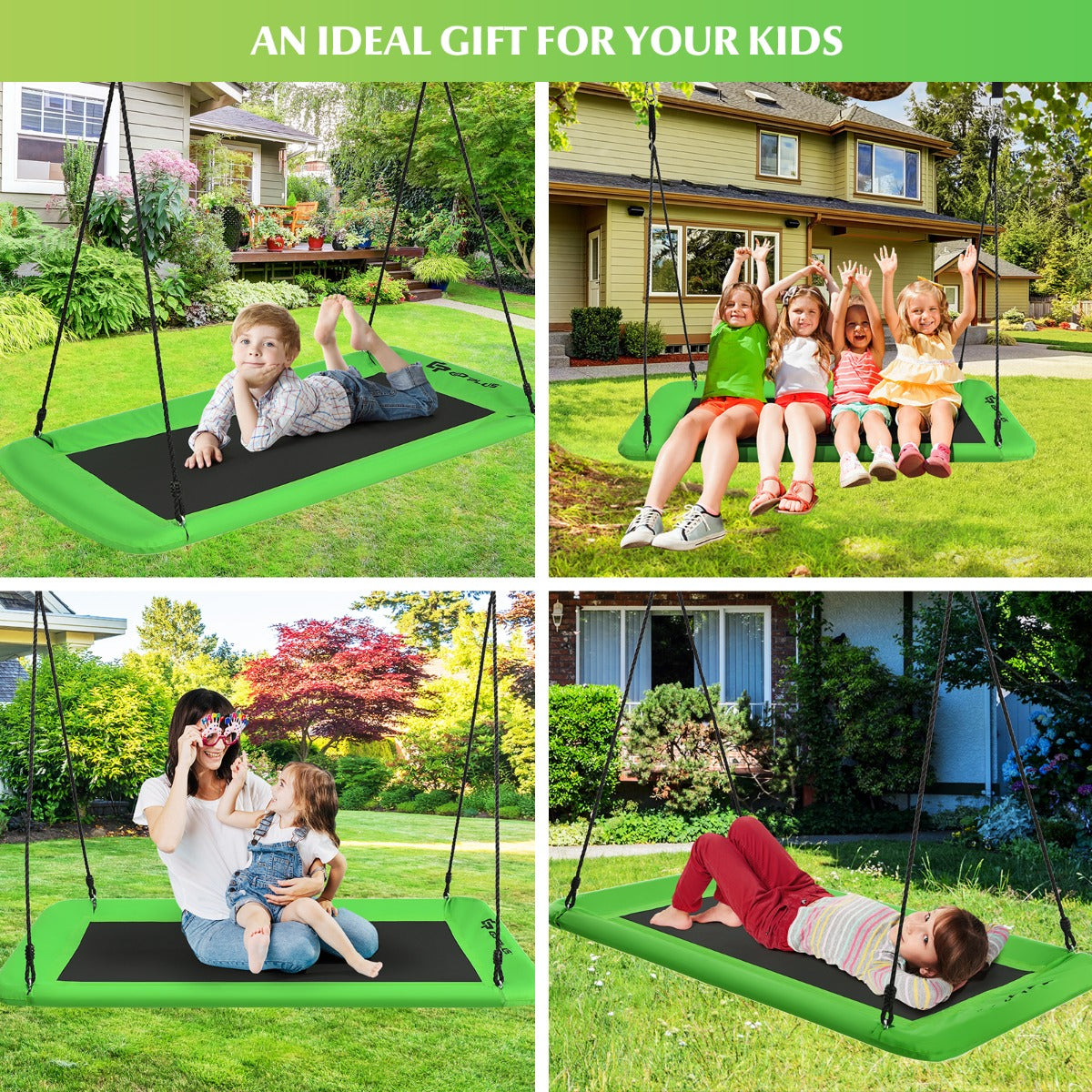 Kids Tree Swing Set | Adjustable Ropes Green Navy Blue Colorful