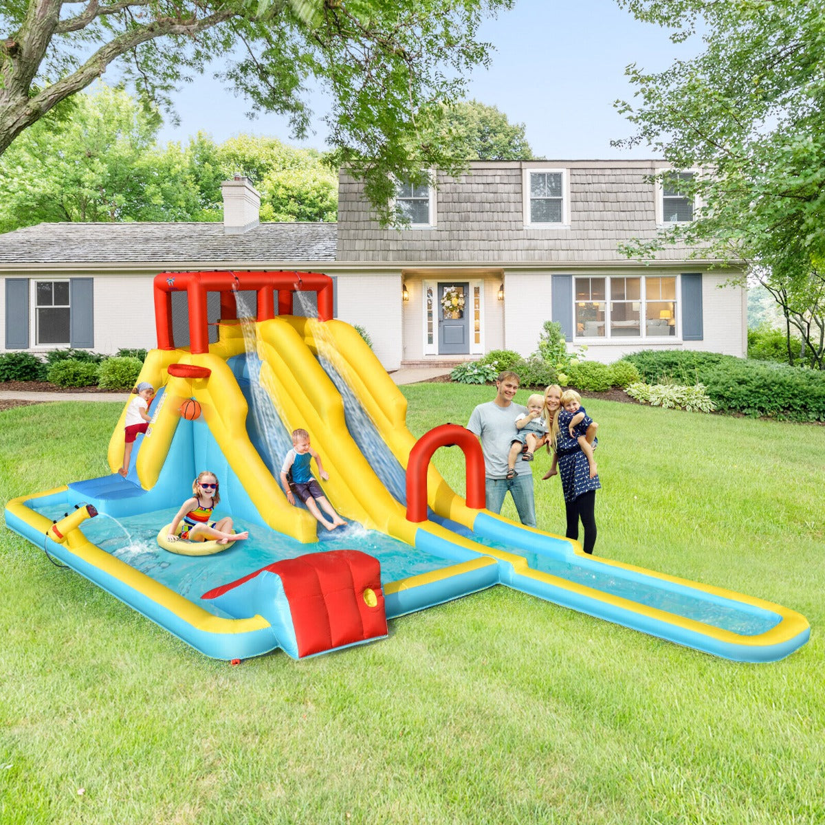 Inflatable water park slide & bounce house combo for kids   7 activities in 1 playset.