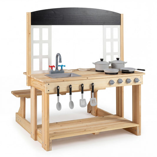 Costway Outdoor Mud Kitchen with Stoves & Sink and Chalkboard for Kids-Natural