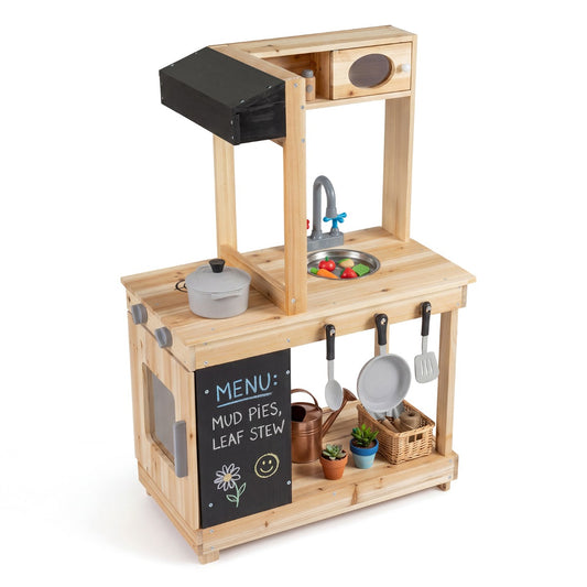 Costway Outdoor Mud Kitchen for Kids Play Kitchen with Stoves Sink and Chalkboard-Natural