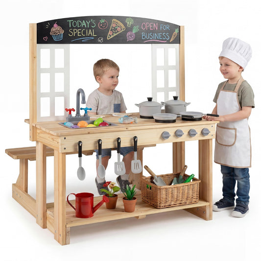 Natural Mud Kitchen Playset | 4 Burners Sink & Chalkboard