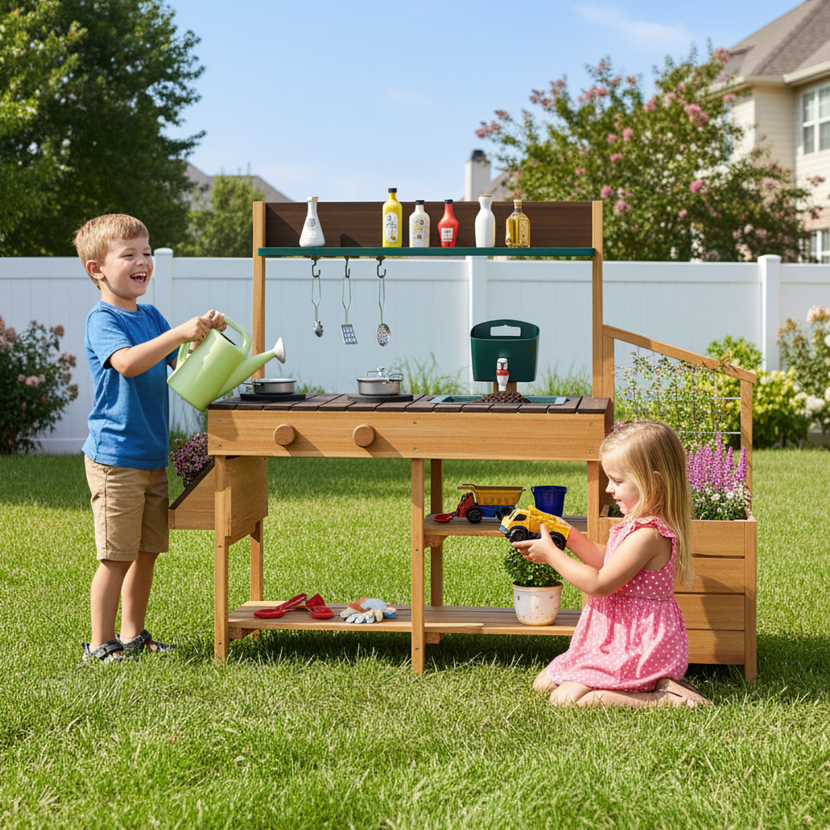 Outdoor Play Kitchen for Kids Wooden Toy Kitchen Playset with Removable Faucet-Rustic Brown